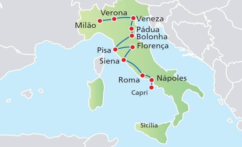 Mapa com rota de carro para viajar pela Itália