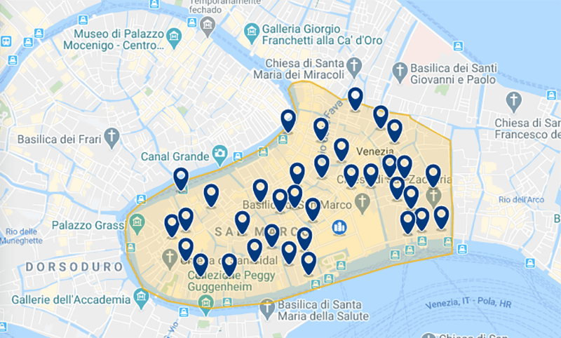 Mapa com a melhor área de hospedagem em Veneza