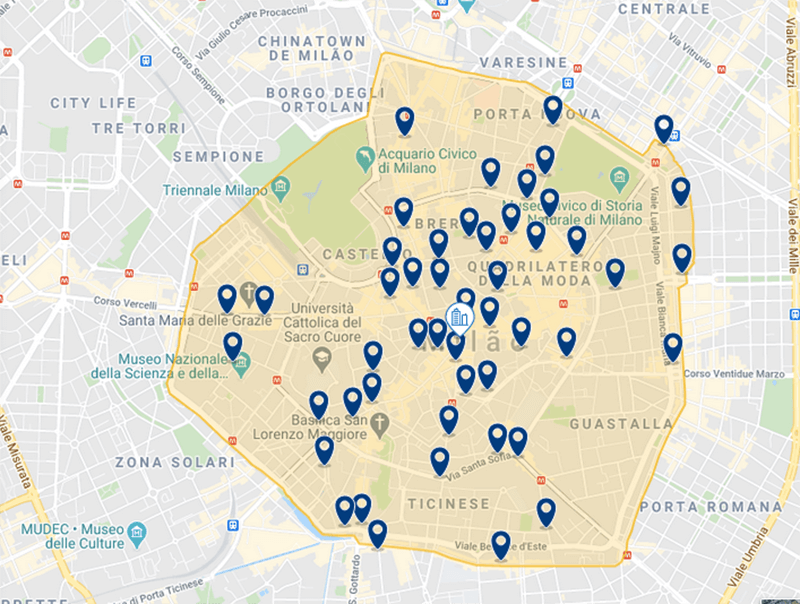 Mapa das melhores regiões para se hospedar em Milão