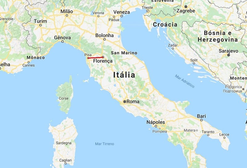 Mapa da viagem de Pisa a Florença