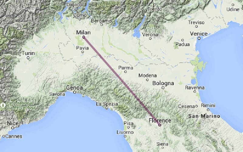 Mapa da viagem de Milão a Florença