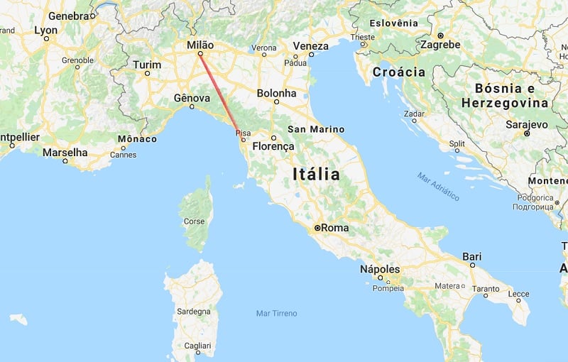 Mapa da viagem de Milão para Pisa