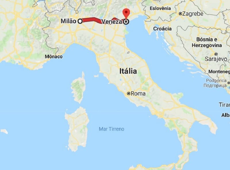 Mapa da viagem de Milão para Veneza
