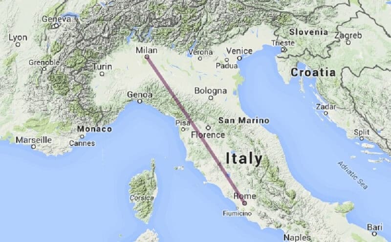Mapa da viagem de Roma para Milão