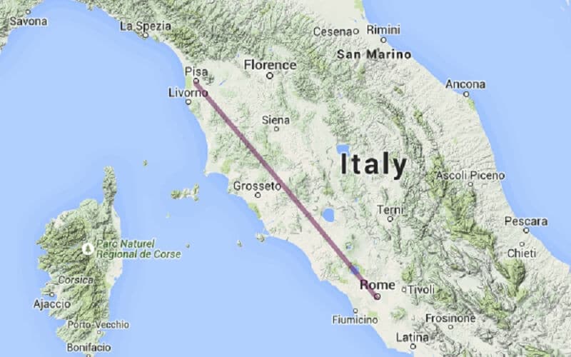 Mapa da viagem de Roma para Pisa