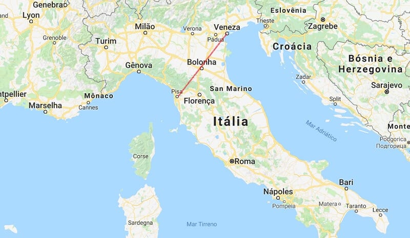 Mapa da viagem de Pisa para Veneza