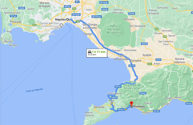 Mapa entre Nápoles e Positano