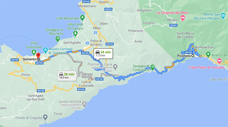 Mapa com trajeto entre Positano e Sorrento