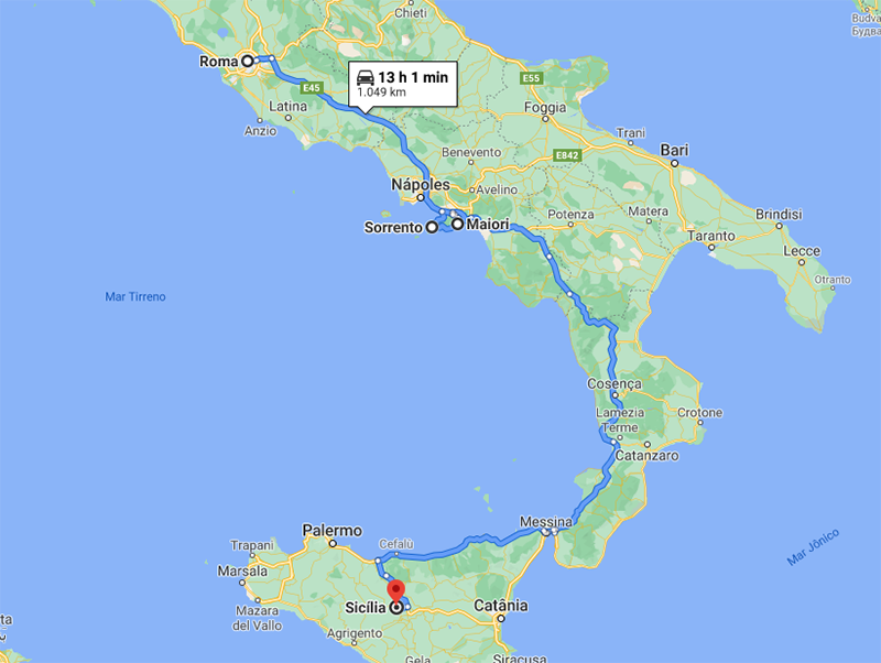 Mapa com a rota de 8 dias pelo sul da Itália