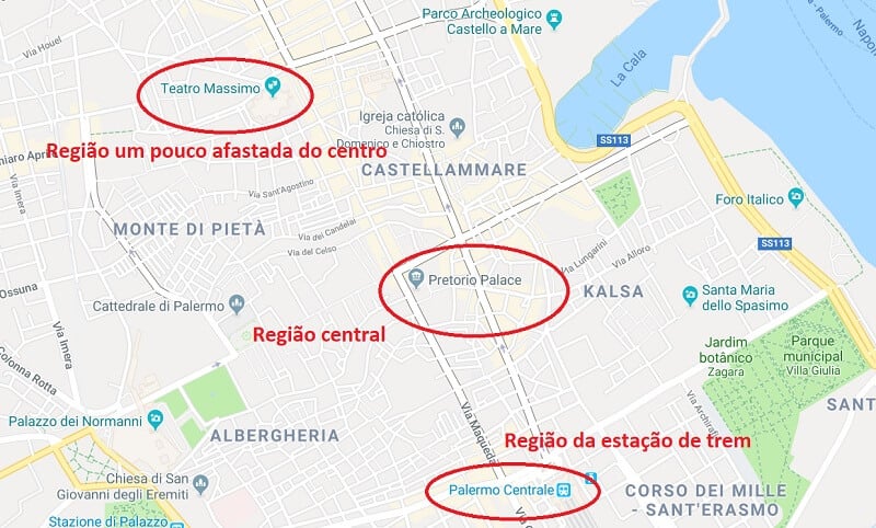 Mapa das melhores regiões de Palermo