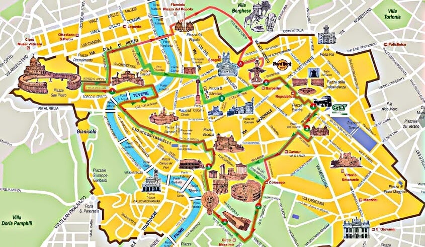 Mapa que mostra o percurso dos ônibus turísticos em Roma