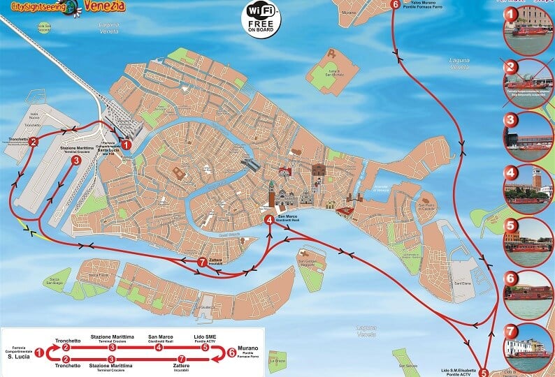 Mapa que mostra o percurso do barco turístico em Veneza