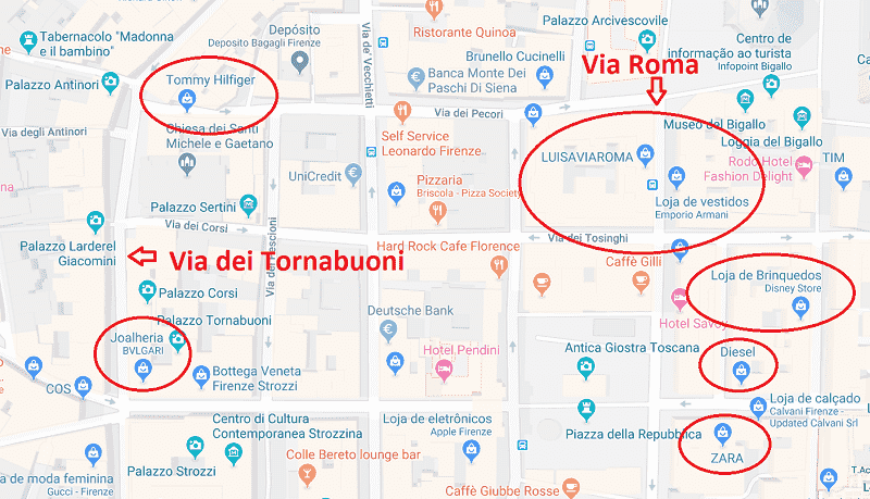 Principais lojas e vias da região comercial de Florença