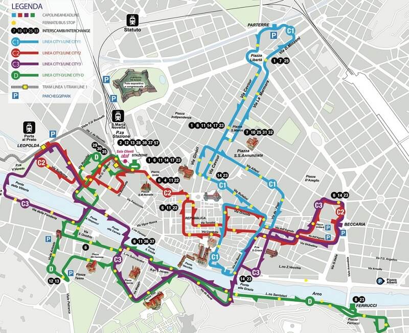 Mapa das linhas de ônibus que passam pelo centro de Florença