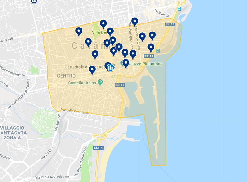 Mapa dos hotéis no centro de Catânia