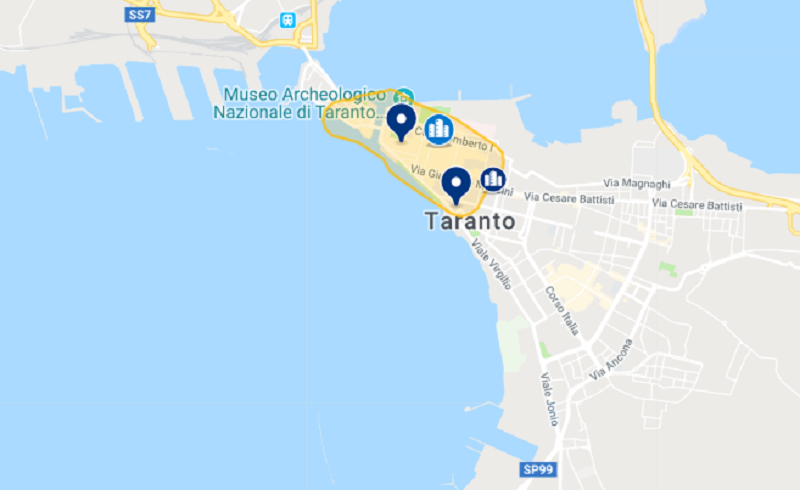 Mapa dos hotéis em Taranto