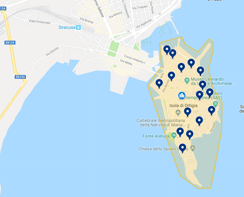 Mapa de hotéis na região de Ortígia em Siracusa