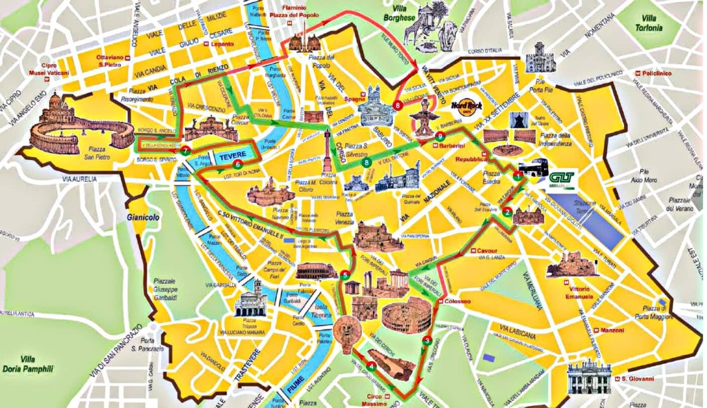 Mapa de um passeio de ônibus Hop on Hop off em Roma