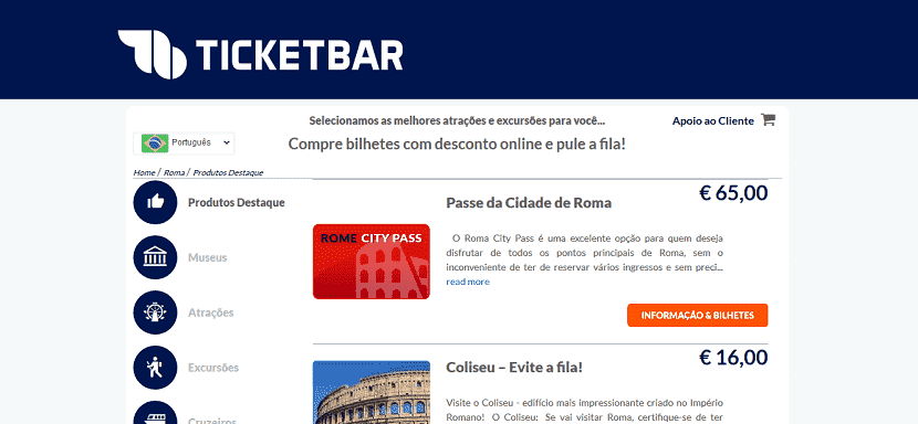 Ticketbar para comprar ingressos em Roma