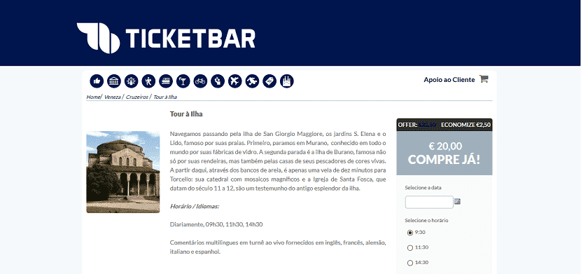 Ticketbar para ingressos para tour pelas ilhas de Veneza