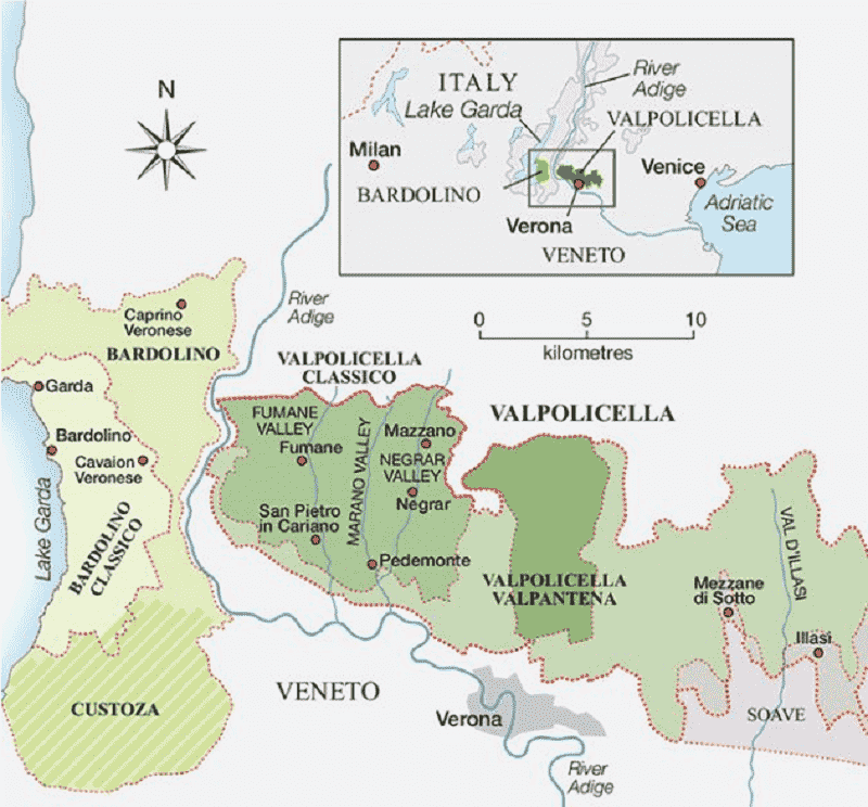Mapa que mostra a cidade de Verona e a região de Valpolicella