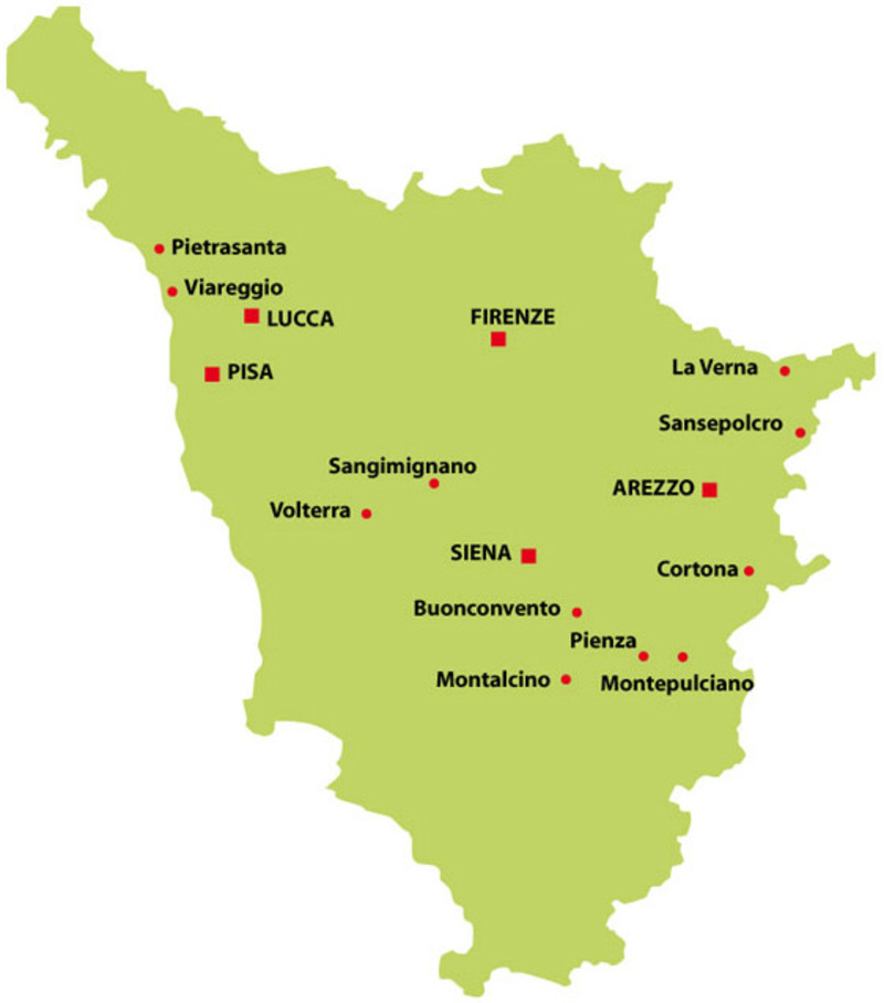 Mapa mostrando Pienza, Montalcino e Montepulciano