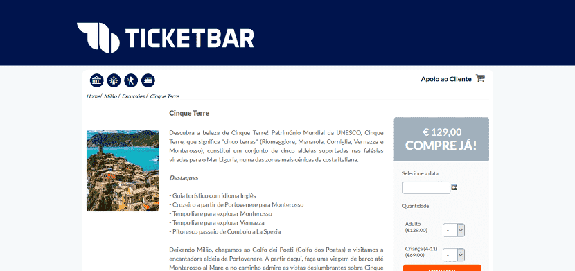 Ticketbar para ingressos para um passeio a Cinque Terre