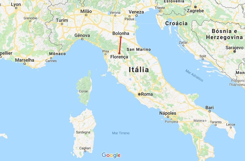 Mapa da viagem de Bolonha a Florença