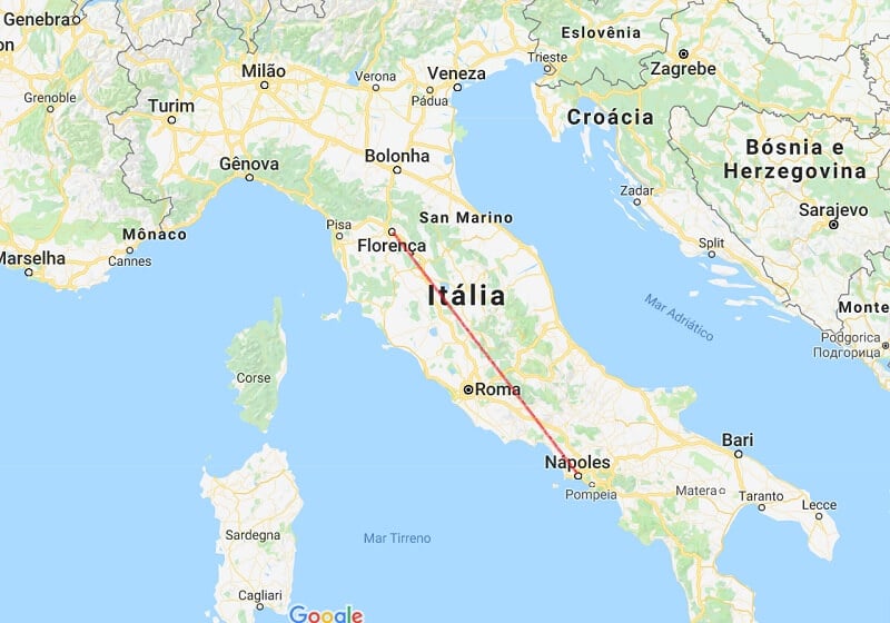 Mapa da viagem entre Nápoles e Florença