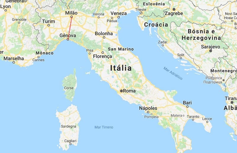 Mapa da viagem de Milão a Génova