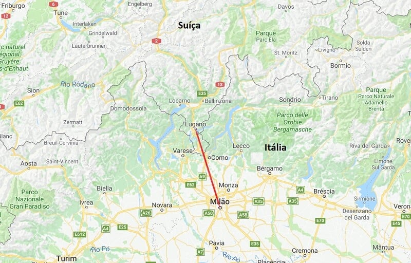 Mapa da viagem de Milão a Lugano