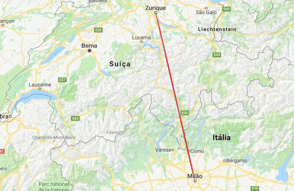 Mapa da viagem de Milão a Zurique