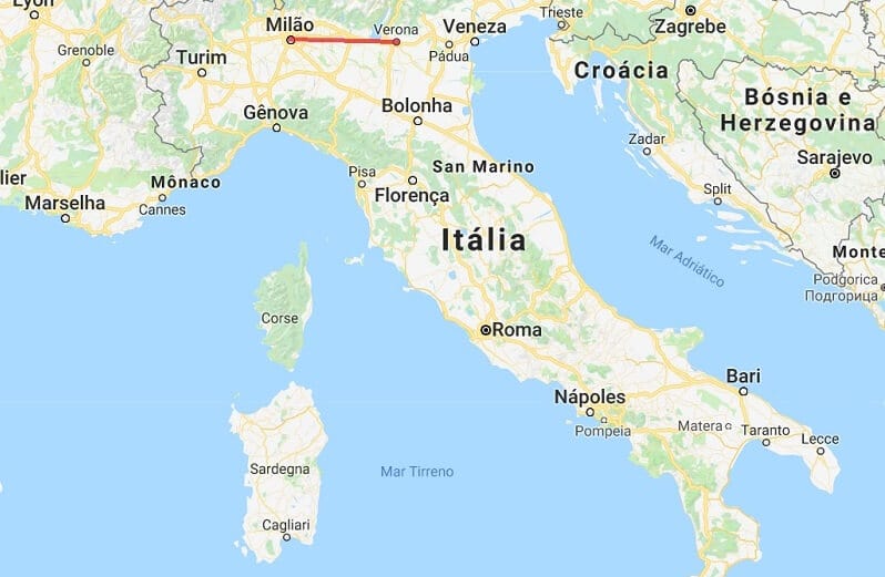 Mapa da viagem de Milão a Verona