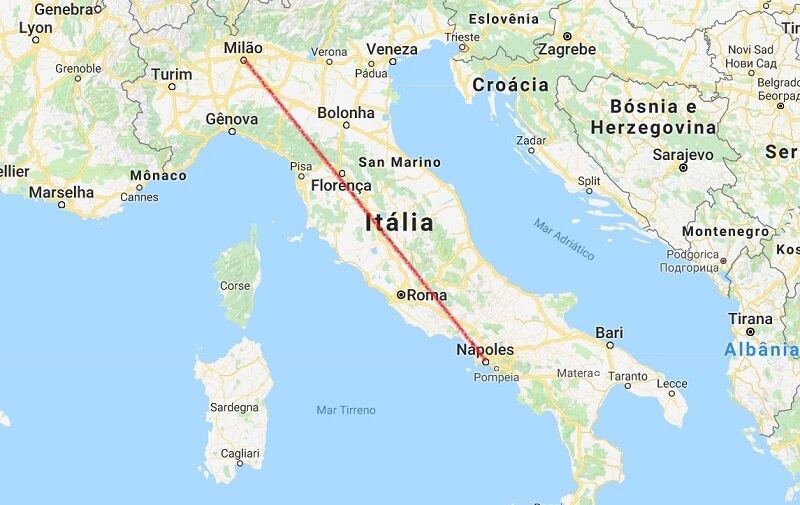 Mapa da viagem de Nápoles a Milão