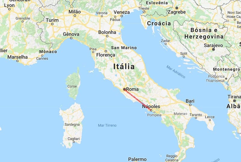 Mapa da viagem de Nápoles a Roma