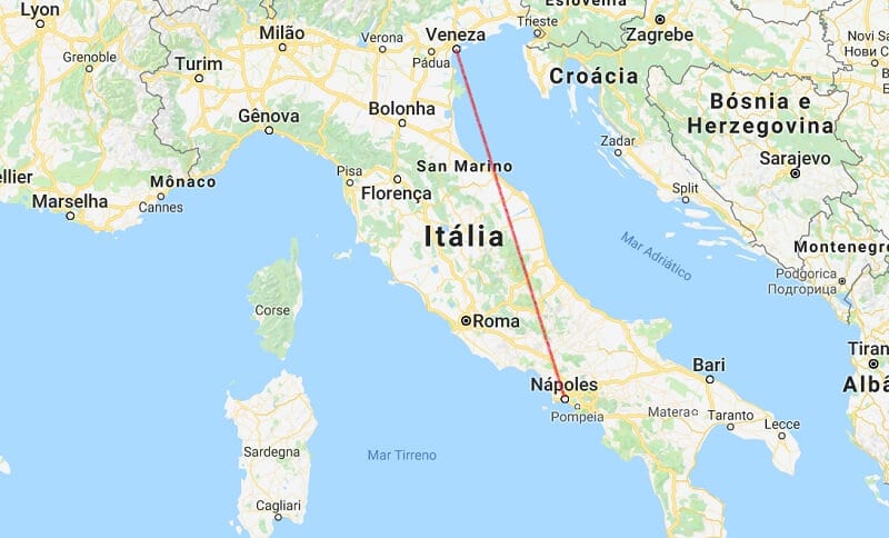 Mapa da viagem de Veneza a Nápoles