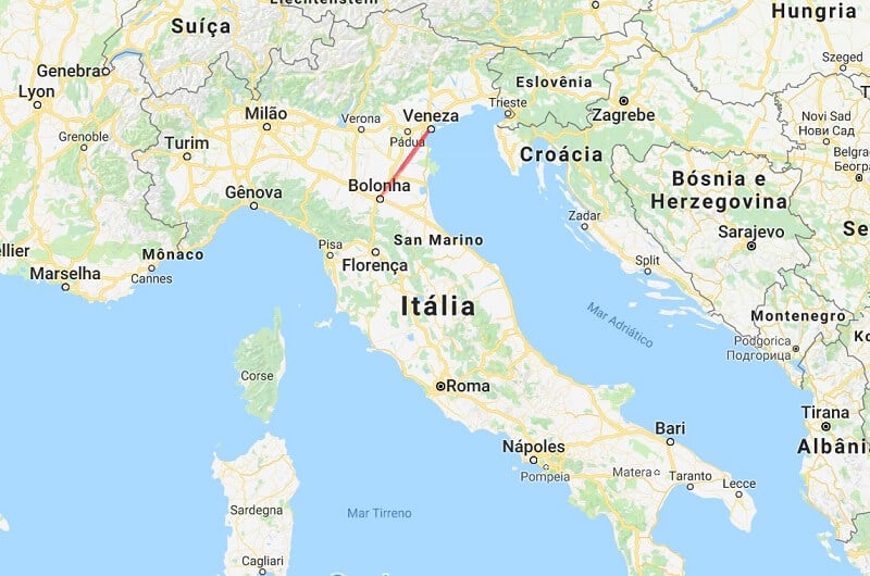 Mapa da viagem de Bolonha a Veneza