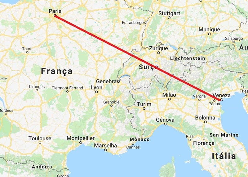 Mapa da viagem de Veneza para Paris