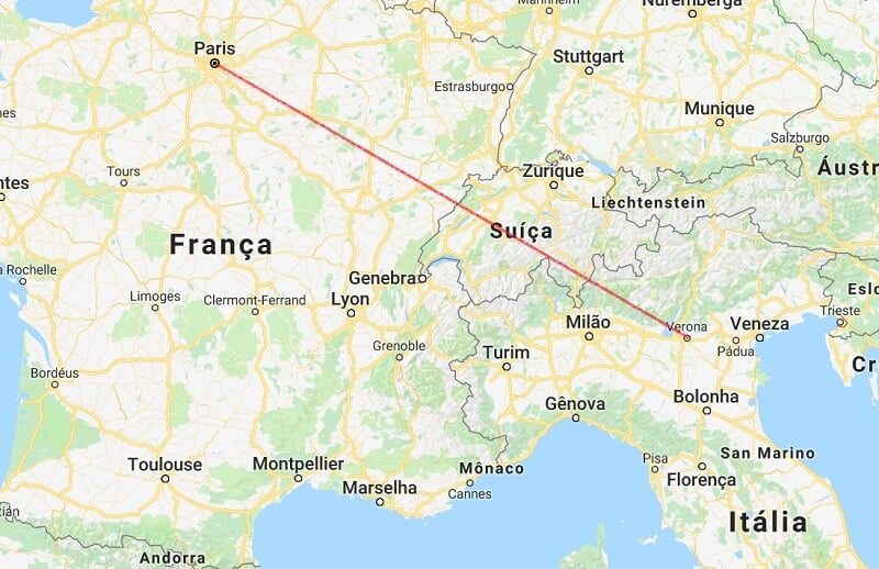Mapa da viagem de Verona a Paris