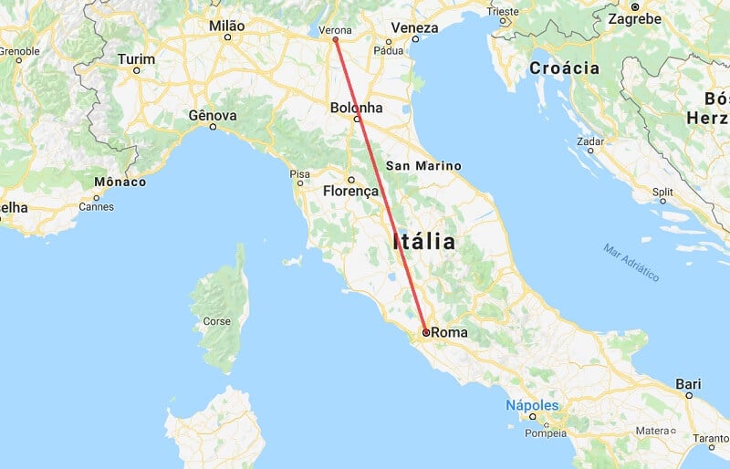 Mapa da viagem de Verona a Roma
