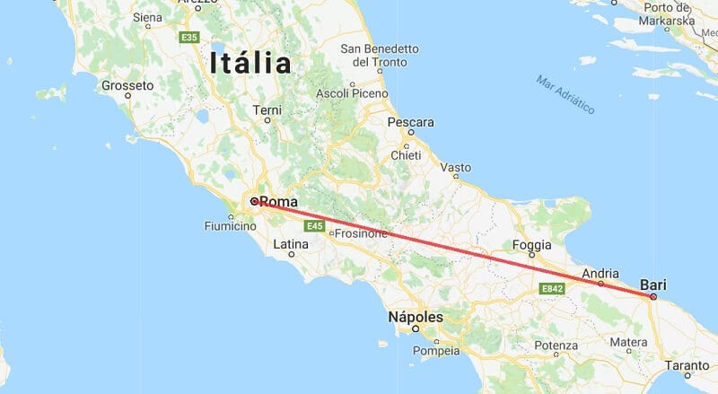 Mapa da viagem de Bari a Roma