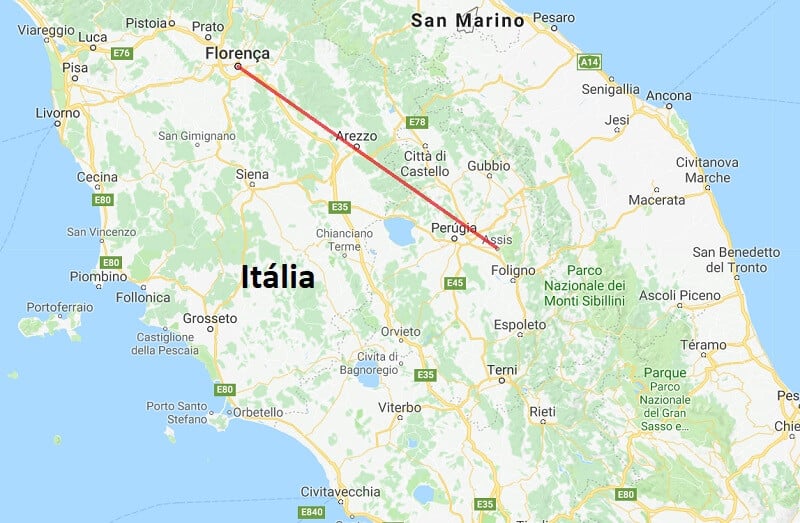 Mapa da viagem de Florença a Assis