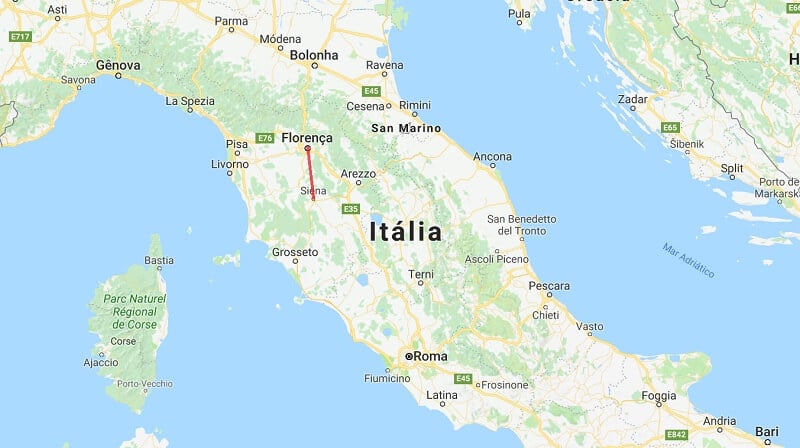 Mapa da viagem de Siena a Florença