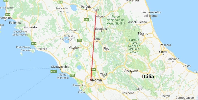 Mapa da viagem de Roma a Assis