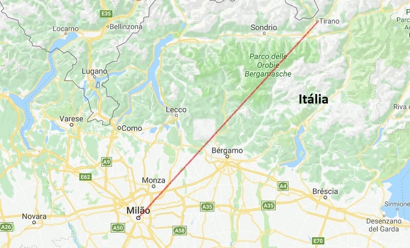 Mapa da viagem de Tirano a Milão