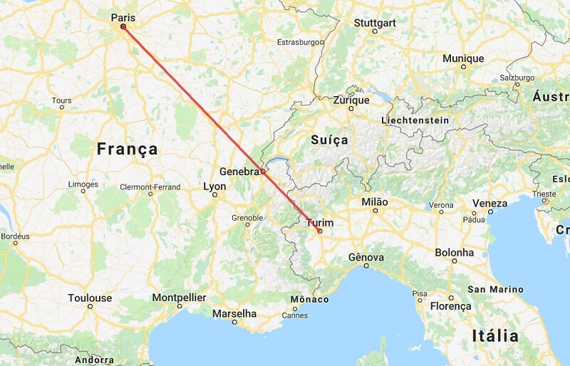 Mapa da viagem de Turim a Paris