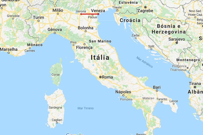 Mapa da viagem de Verona a Veneza