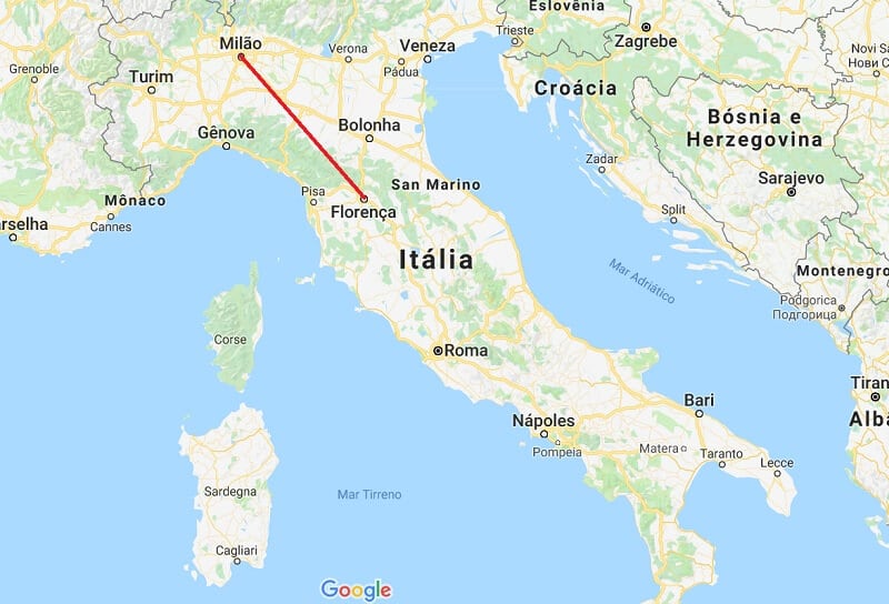Mapa da viagem de Florença a Milão
