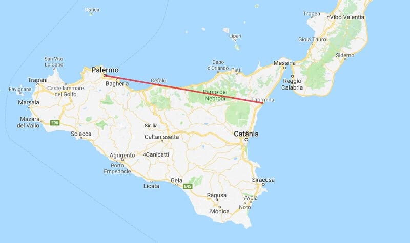 Mapa da viagem de trem de Palermo a Taormina