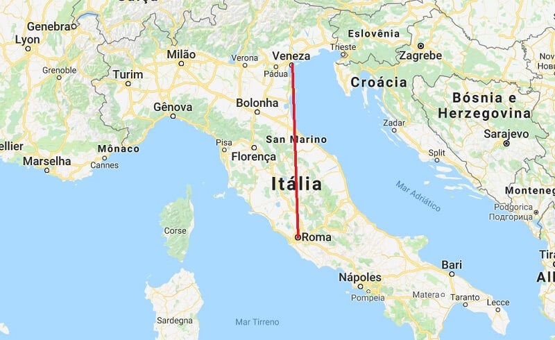 Mapa da viagem de Roma a Veneza